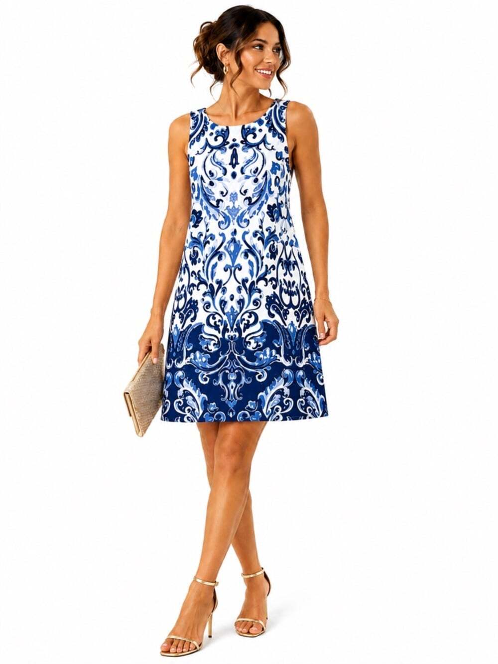 Ralph Lauren Coastal Resort Blue White Scroll Shift Dress Sleeveless Size 8
